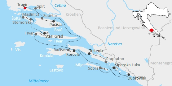 Karte Rad & Schiff Süddalmatien in Kroatien